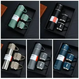Stainless Steel Vaccum Flask Gift Set with 3 Coffee Cup Hot & Cold (500 ml / Multicolor) 