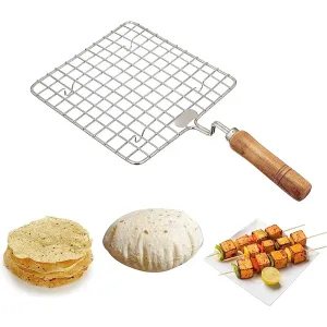  Steel Size 17 cm Square Papad Roaster Chapati Roti Jali Barbeque Grill with Wooden H