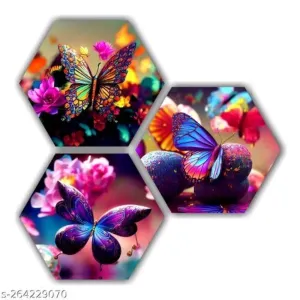EMPIRIC ART WALL PAINTING  MDF HEXAGON BUTTER FLY  Digital Reprint  Painting  Pack of 3 
