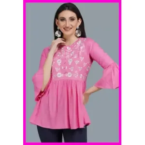 Alluring Rayon Bell Sleeves Off White Tunic For Women