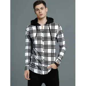 LEWEL Men's Stylish Hooded Neck Checked Buttoned Down T-Shirt