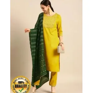 Stylish Fancy Cotton Three-Quarter Sleeves Kurti With Bottom Wear And Dupatta Set For Wome