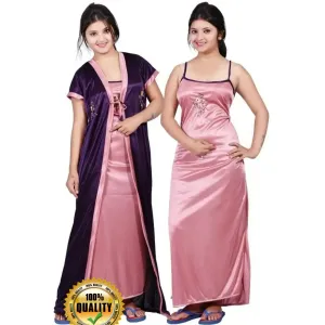 Elegant Multicoloured Satin Solid Nighty Set For Women


