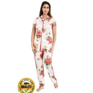 Fancy Printed Night Top Bottom Set in Satin