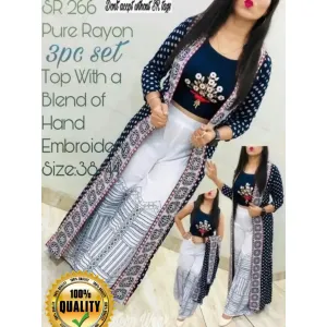 Elegant Navy Blue Rayon Embroidered Fusion Wear Short Kurta With Printed Shrug And Palazzo