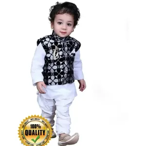 Stylish Cotton Blend Kurta with Pajama And Jacket Set For Boys