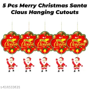 GRAND SHOP Merry Christmas Banner with Little Santa Hanging Paper Decoration - Pack of 5