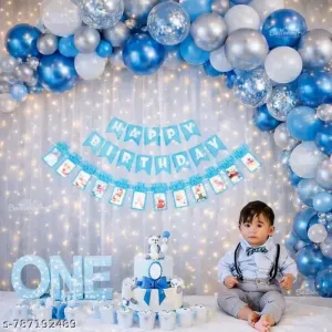DECOR HUB Blue & Silver 1st Birthday Decoration Set