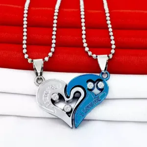His and Hers Lovers Couple I Love You Heart Locket With Chain Silver Zircon Stainless Steel Pendant Set