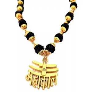 Original 5 Mukhi Black Rudraksha Golden Cap Mala With Mahakal Locket Necklace Chain for men and women