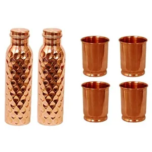 Pure Copper Diamond Shape Jointless water Bottle Set of 2 with Plain Glass set Of 4