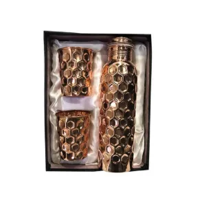Diamond Design Pure Copper Jointless Leakproof Water 1Ltr Bottle with Set of 2 Glass Gift 