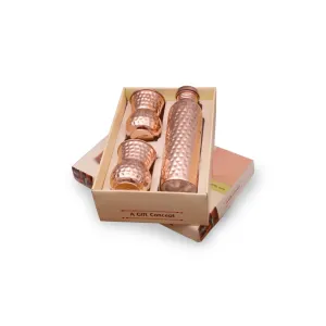 Pure Copper Hammered & Smooth Bedroom Bottle With handle and Set of 2 Glasses 1Ltr Bottle 