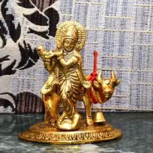 Lord Krishna Idol with Gold Finished Kamdhenu cow and Calf Set