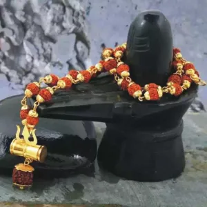 Rci Handicrafts Bhole Shankar Black Marble Shivling with Natural 5 Mukhi Rudraksha Mala an