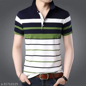Eyebogler Men's Regular Fit Polo Collar Cotton Fabric Half Sleeve Striped Pattern Tshirt